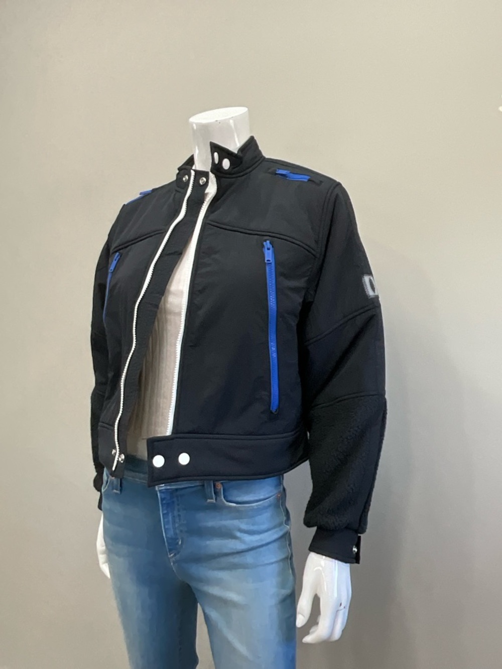 Free People Movement On Your Mark Moto Fleece Jacket Black Blue Zip XS